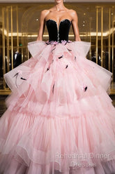 Black Velvet And Pink Tulle Strapless Ball Gown, Pink Backless Ruffles Formal Evening Dress